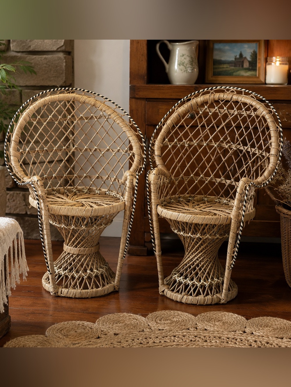 Vintage Boho Wicker Peacock Accent Chairs Pair Twelve Inch Handwoven Rattan Deco